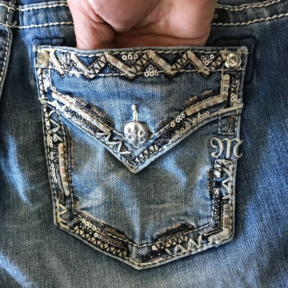Miss Me Bootcut Jeans Women 31 Blue Mid Rise Flap Pockets Rhinestone Medium Wash - Picture 12 of 16